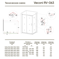 Душевой угол раздвижной прямоугольный RV063-15090PR-01-19C3 1500x900x1900 профиль Хром стекло Прозрачное Veconi